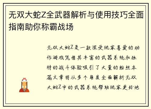 无双大蛇Z全武器解析与使用技巧全面指南助你称霸战场